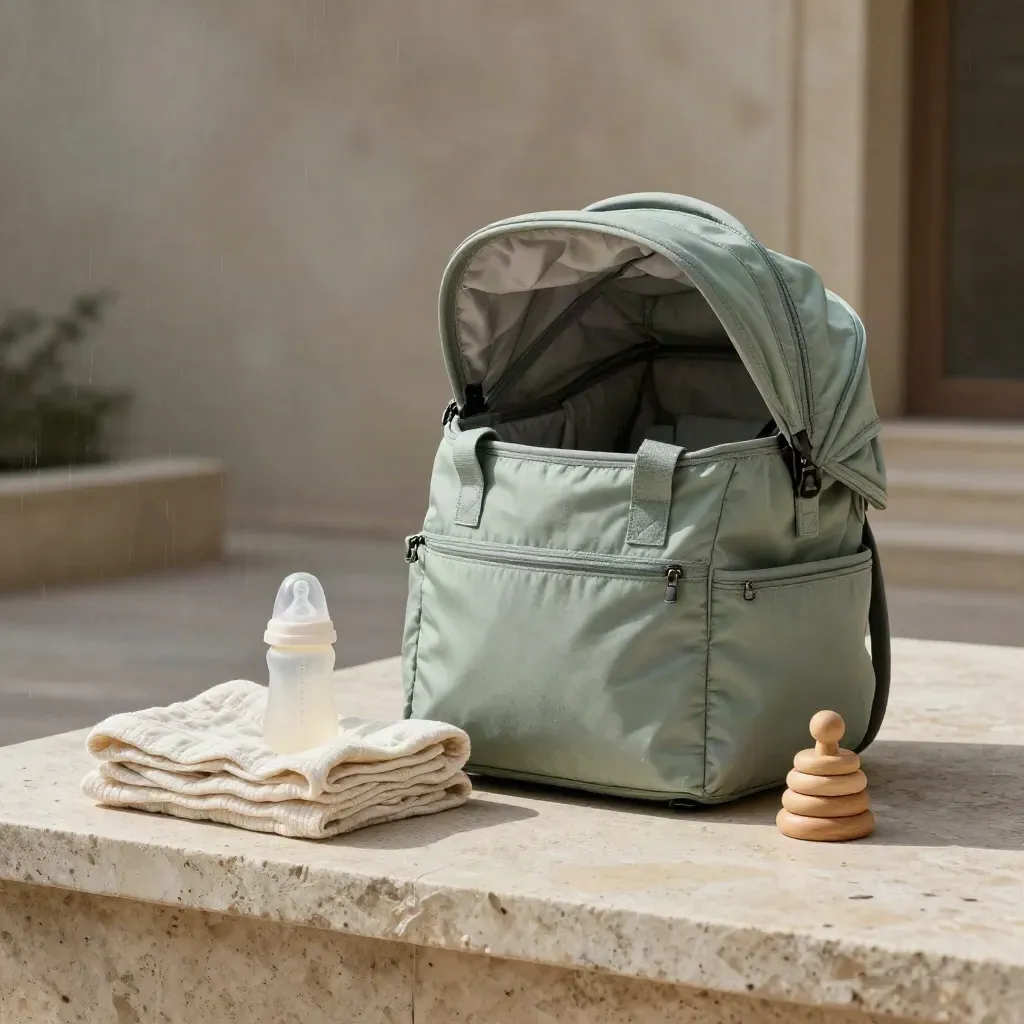 Sac à langer haut de gamme, nacelle de poussette et accessoires bébé sur pierre après la pluie