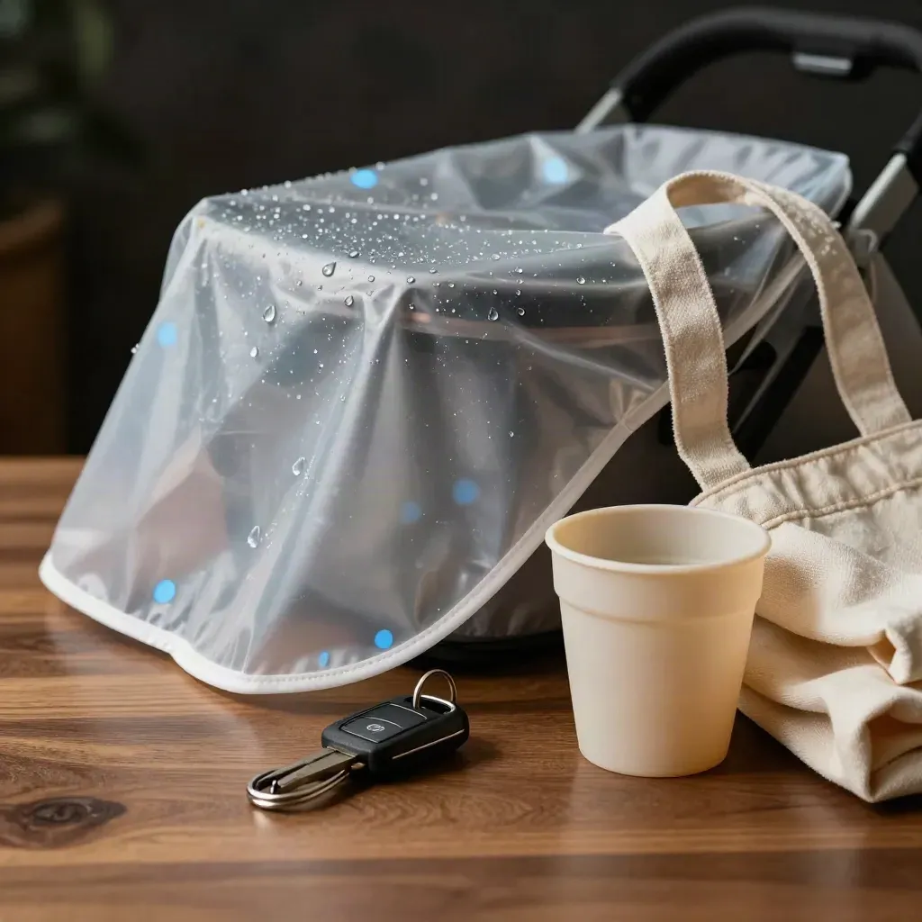 Gros plan d’un couvre-pluie de poussette, clés, gobelet d’enfant et tote plié sur fond sombre.