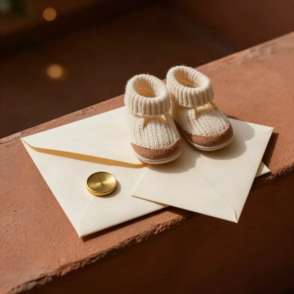 Enveloppe scellée, sceau en laiton et chaussons bébé sur fond sombre.