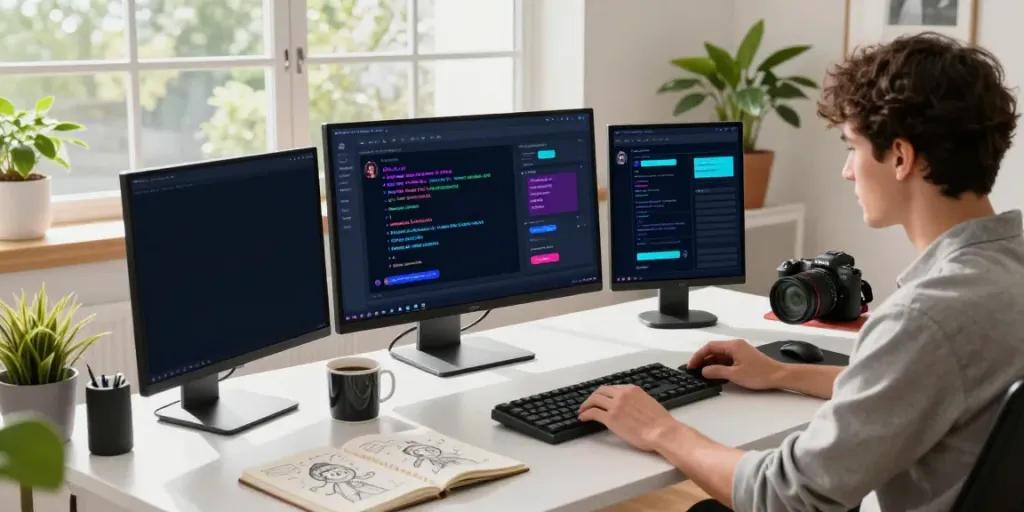 CrushOn AI development workspace with vibrant screen displays and cozy atmosphere